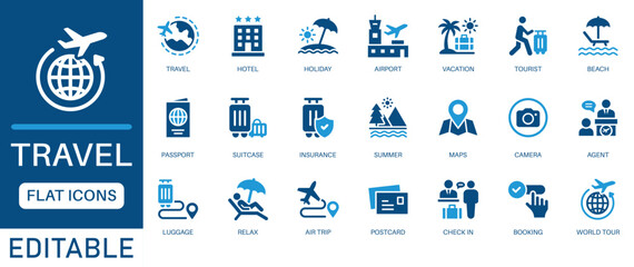 Travel icon set. Features editable icons for tourism, vacations, airports, hotels, luggage, passports, and more. perfect for agencies, blogs, maps, and holiday promotions.