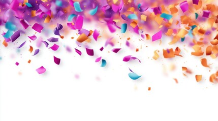 Fototapeta premium Colorful confetti falling against a white background, creating a festive atmosphere for celebrations