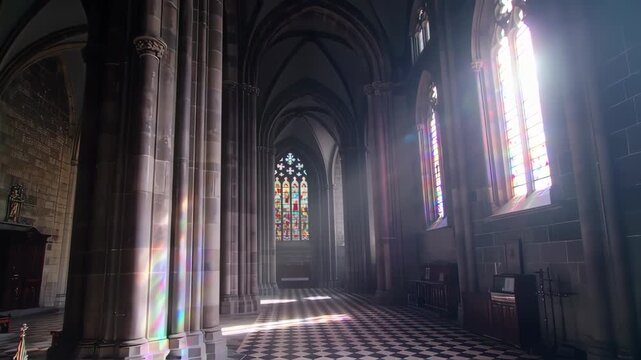 Sunlight streams through stained glass windows in a cathedral nave