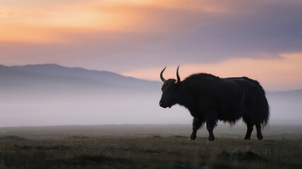 Silhouette of a yak walking across a misty plain at sunset