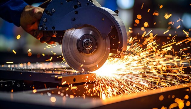 Metal cutting with sparks flying from a circular saw.