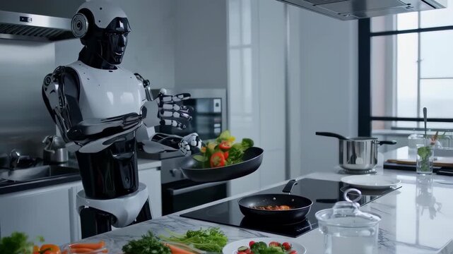 A futuristic robot chef prepares a meal in a modern kitchen