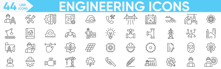Engineering line icons set. Manufacturing, technology, construction, innovation, mechanical design , industry, tools, repair tools, machinery and more.Vector and illustration