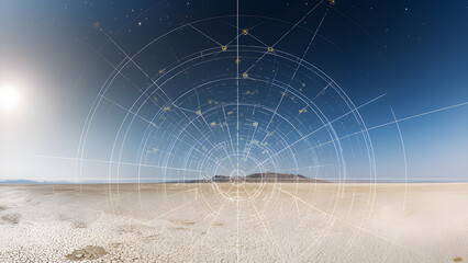 A cracked desert basin with grid lines, representing sudden ecological collapse.