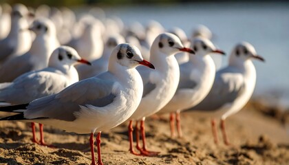 Flock of seagulls on a sandy shoreline.