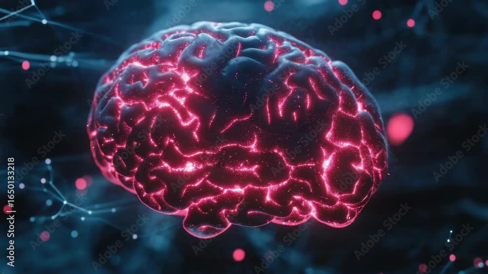 Poster a computer model of a human brain with red circuit lines, suggesting advanced technology or artifici