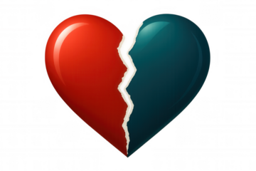 Heart broken in red and teal, symbolizing emotional pain from relationship ending, isolated