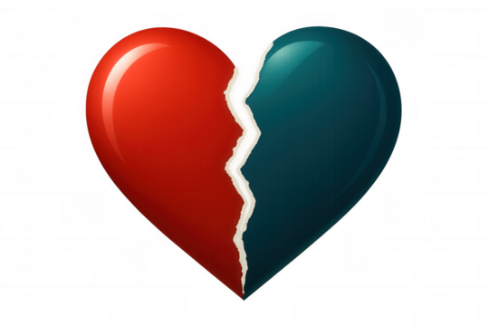 Heart broken in red and teal, symbolizing emotional pain from relationship ending, isolated