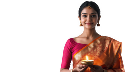 Smiling Indian woman holding diya lamp for Diwali celebration on transparent background