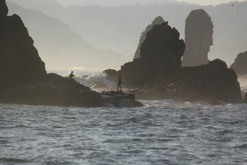 Fisherman Standing on Rocks by the Ocean Waves