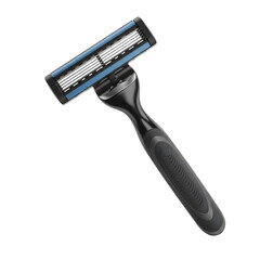 Obraz premium Modern Black Razor with Blue Lubricant Strips and Ergonomic Handle Design.