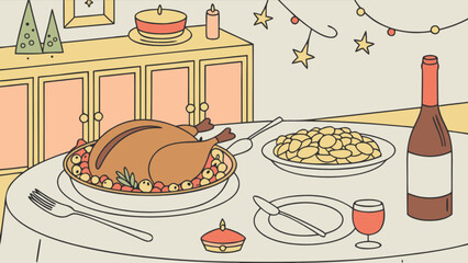 Festive thanksgiving dinner table with turkey wine potatoes and christmas decorations displayed nicely