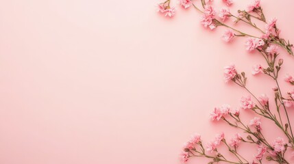 Fototapeta premium Delicate pink flowers arranged on a pale pink background.