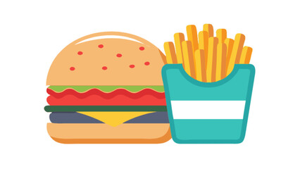 Illustration of a burger with visible cheese tomato lettuce and a side of fries in a blue container