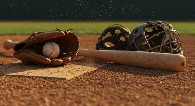 A baseball rests in a leather glove next to a wooden bat and catcher's mask on a dusty baseball diamond.