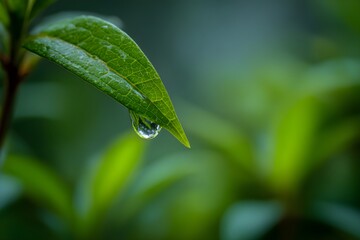 Macro Close-up of Vibrant Green Leaf with Sparkling Water Droplet Against Blurry Natural Background