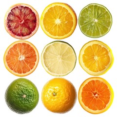 Obraz premium Nine citrus fruit halves, arranged in a grid, showcasing various colors and textures