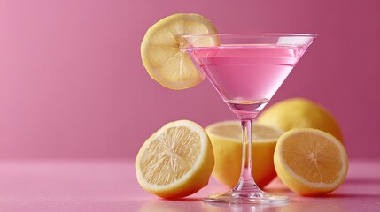 Pink cocktail with lemon slices on a pink background
