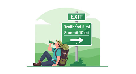 Adventurous Hiker Drinks Water Resting On The Trail Near A Signpost