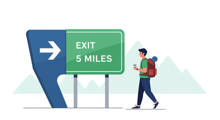 Obraz premium Adventurous Journey: Traveler Passing Exit Road Sign Surrounded By Mountainous Landscape