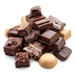 Assorted chocolates, various shapes and colors, piled high on white background