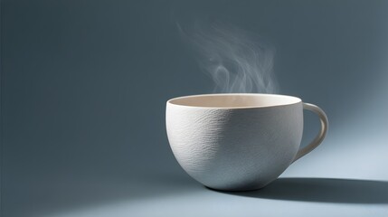 Steaming Hot Beverage in Textured White Ceramic Mug on Muted Blue Studio Background