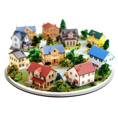 Obraz premium Miniature model of a residential neighborhood. Colorful houses, trees, and roads on a circular base