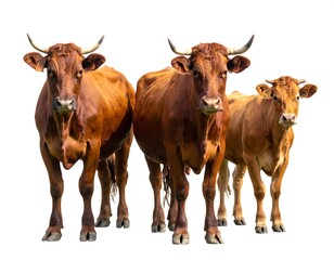 Isolated brown cows standing closely together on a clean white background