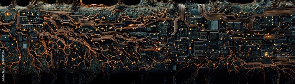 Poster abstract digital network with intricate connections and glowing elements.