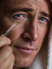 Man Applying Skincare Serum to His Under-Eye Area While Wrapped in a Towel Indoors, Focusing on Self-Care During a Nighttime Routine