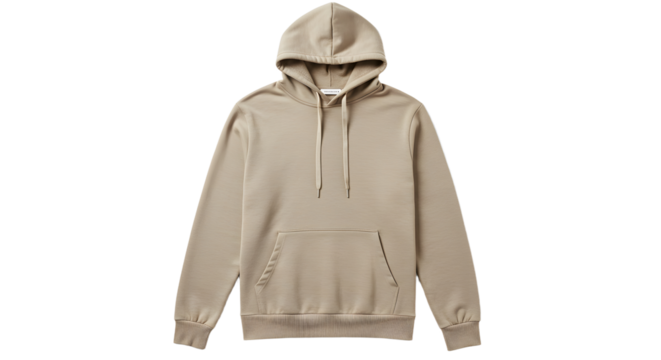 Neutral toned hooded sweatshirt with drawstrings and kangaroo pocket.