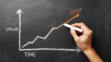 A businesswoman uses a piece of chalk to draw a financial growth graph on a blackboard, symbolizing a successful business strategy.