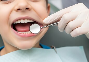 Close up of a child's open mouth during a dental examination with a mirror tool