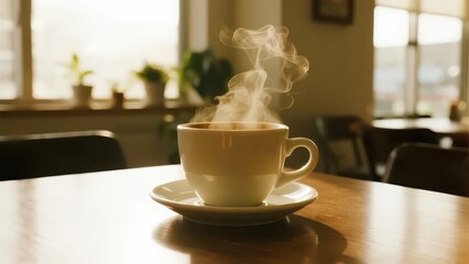 Obraz premium Steaming coffee cup on a cafe table, bathed in morning light - A moment of quiet warmth to start the day