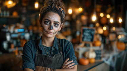 Obraz premium A woman with skull face paint and an apron in a cafe during Halloween
