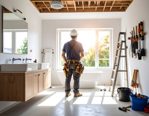 Skilled professional contractor stands contemplatively in a modern bathroom undergoing renovation, surveying the progress and envisioning the final home improvement design under bright natural light