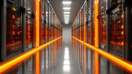 Server room hallway, glowing orange accents
