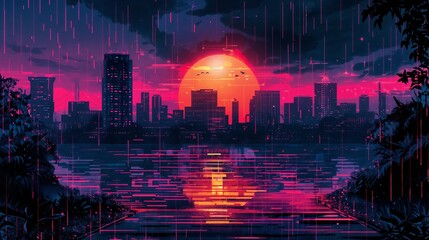 Synthwave city skyline with glitch effects and sunset reflection