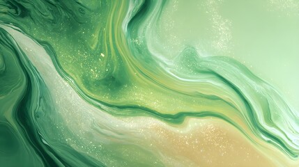 Naklejka premium Vibrant Abstract Green and Gold Fluid Art Background with Swirling Marble Texture and Shimmering Glitter