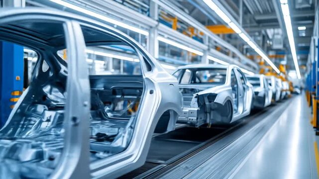 Silver Car Bodies on Automated Assembly Line in a Factory with Bright Lighting and Blue Accents Automotive Manufacturing Industry