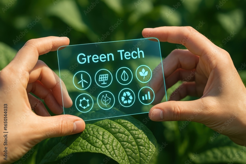 Poster Holographic display showcasing green tech concepts in a field.