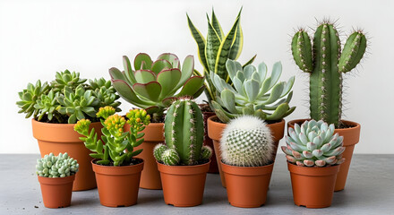 Obraz premium Assorted Green Succulents and Cacti in Terracotta Pots on Gray Surface