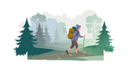 Illustration of a hiker with backpack and walking stick on a trail through a forest landscape