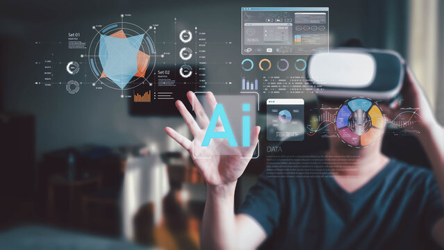 Man using VR headset interacts with a futuristic AI holographic interface, touching a screen with data analytics and charts. Metaverse and technology concept. - Powered by Adobe