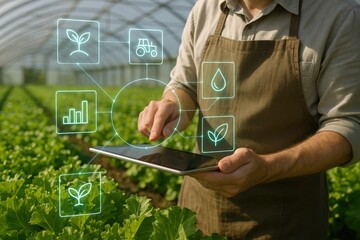 Person using tablet in a greenhouse with agricultural data visualizations.