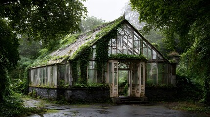 Overgrown Abandoned Rustic Greenhouse in Lush Enchanting Forest