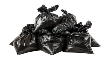 Pile of black big garbage plastic bags isolate on transparency background