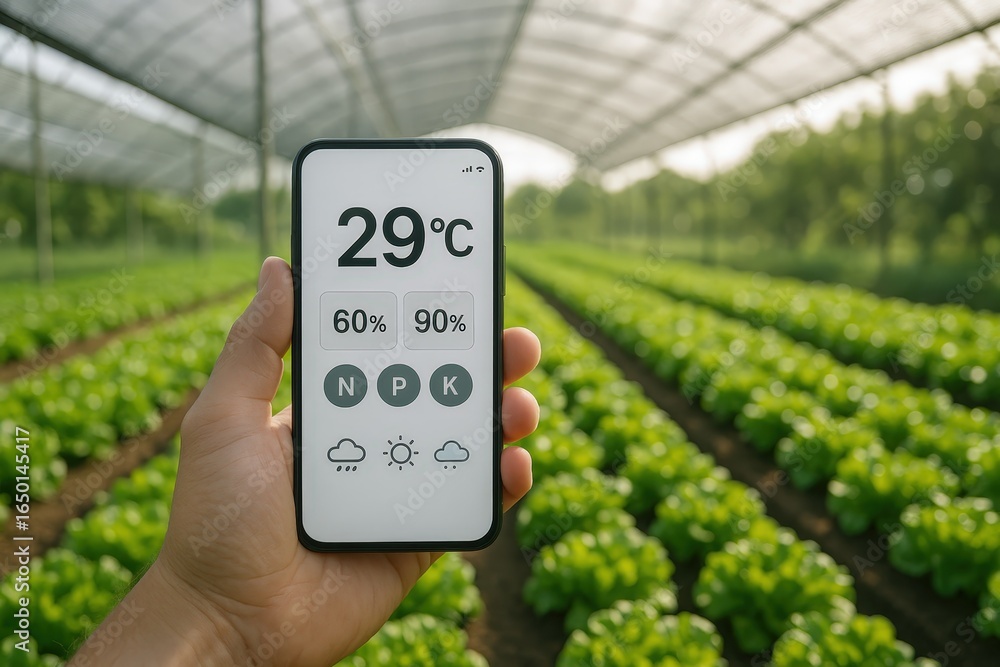 Poster Smartphone displaying greenhouse temperature and humidity data.