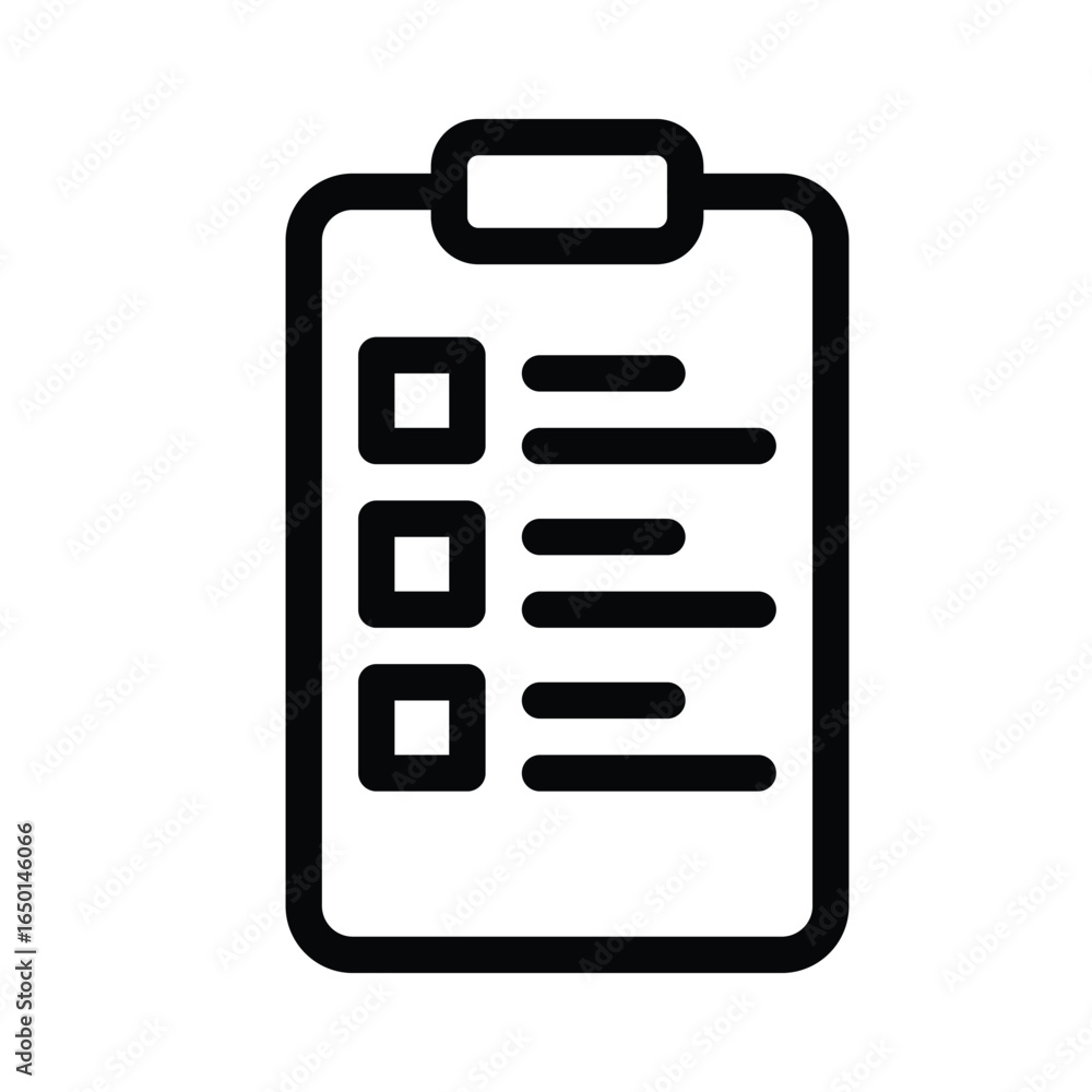 Poster a clipboard with three checkboxes and lines of text all rendered in a simple outlined style, line ic