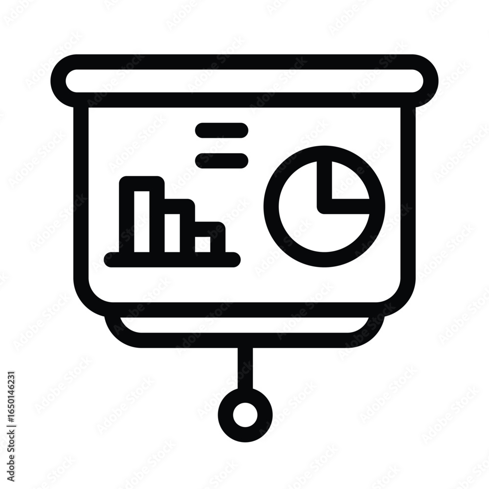 Poster a presentation screen displays a bar graph and pie chart its a clear bold icon, line icon. editable 